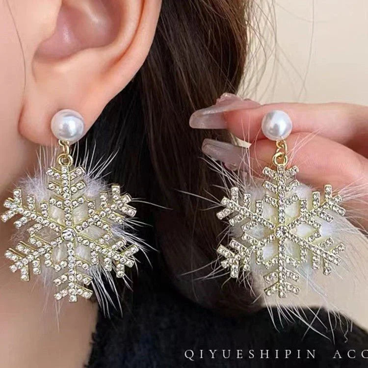 Snowflake Earrings Women's Full Diamond Pearl Plush Earrings