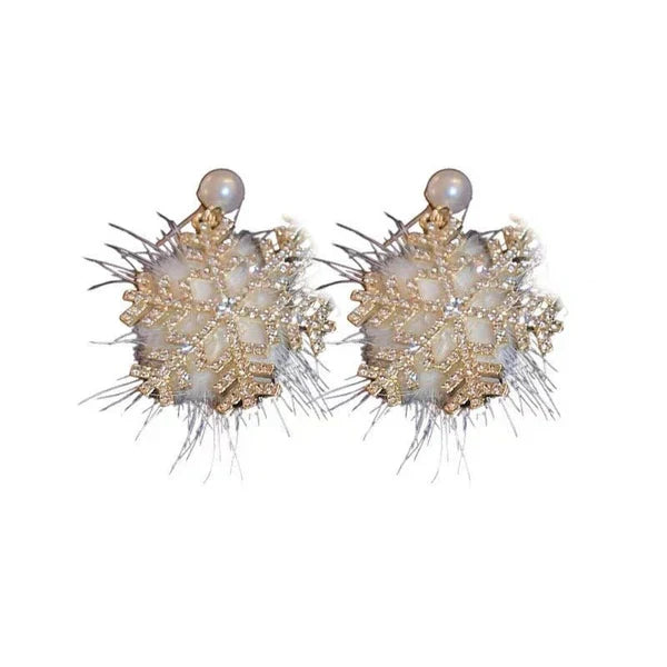 Snowflake Earrings Women's Full Diamond Pearl Plush Earrings
