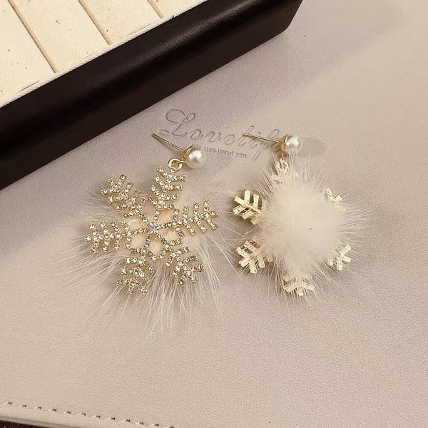 Snowflake Earrings Women's Full Diamond Pearl Plush Earrings